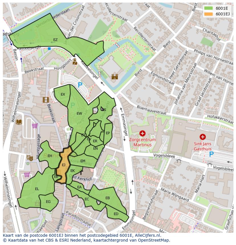Afbeelding van het postcodegebied 6001 EJ op de kaart.