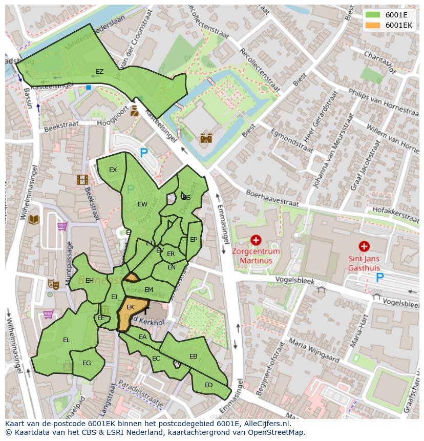 Afbeelding van het postcodegebied 6001 EK op de kaart.