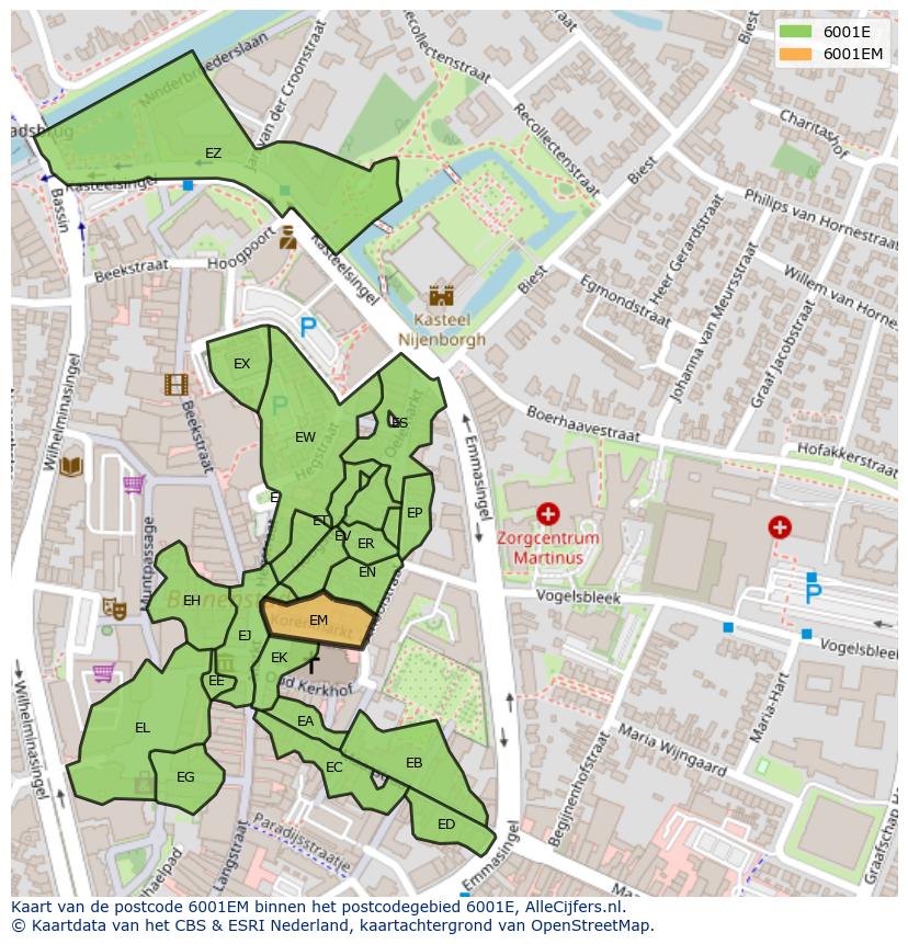 Afbeelding van het postcodegebied 6001 EM op de kaart.