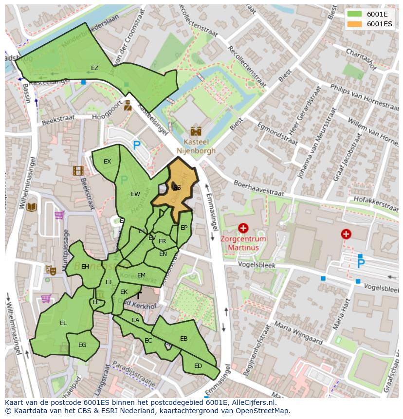 Afbeelding van het postcodegebied 6001 ES op de kaart.