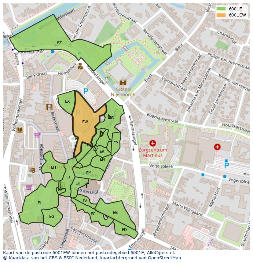 Afbeelding van het postcodegebied 6001 EW op de kaart.