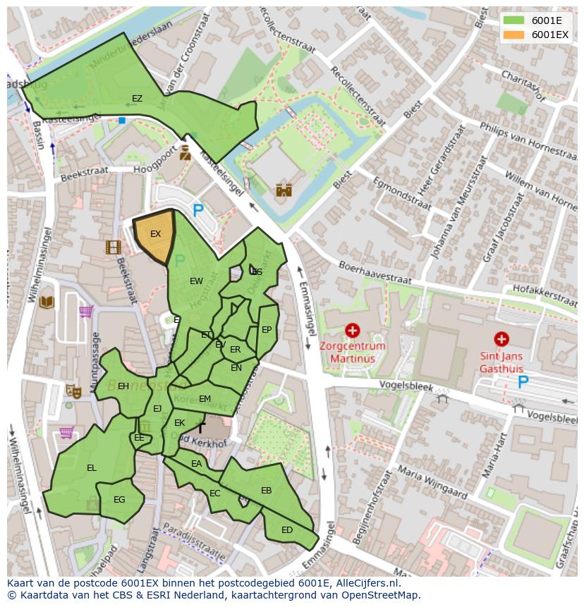 Afbeelding van het postcodegebied 6001 EX op de kaart.