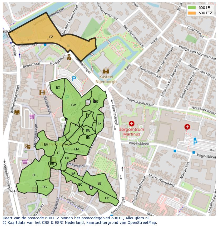 Afbeelding van het postcodegebied 6001 EZ op de kaart.