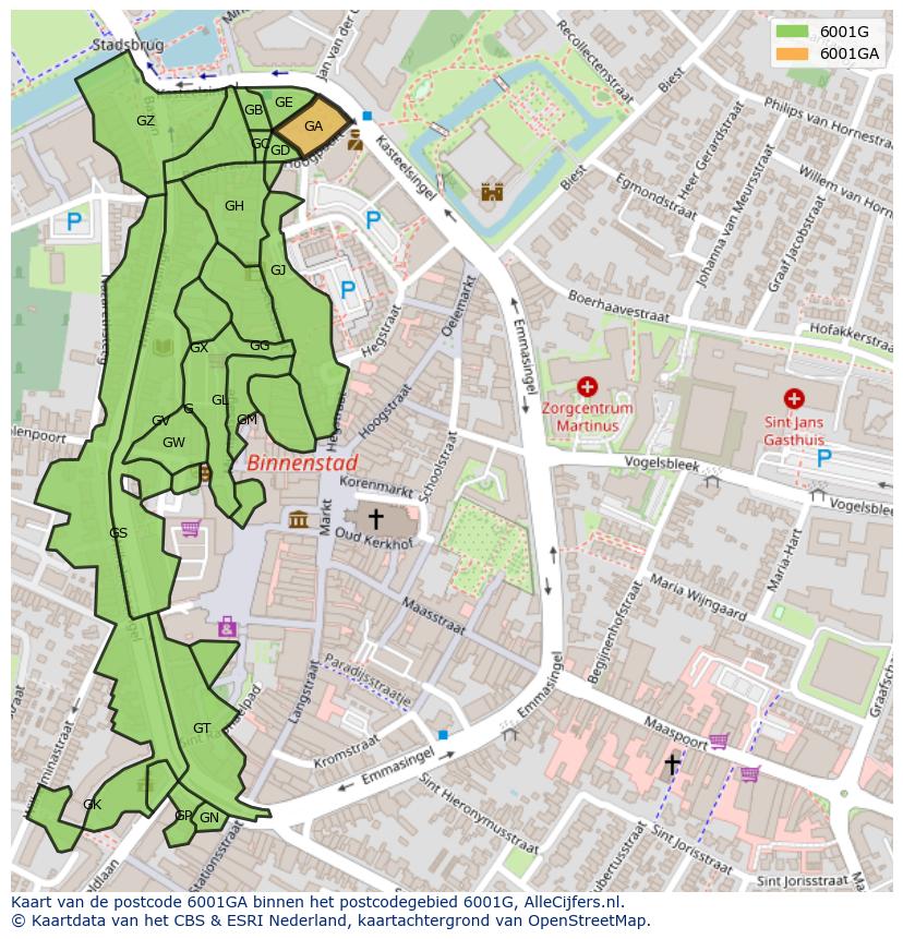 Afbeelding van het postcodegebied 6001 GA op de kaart.