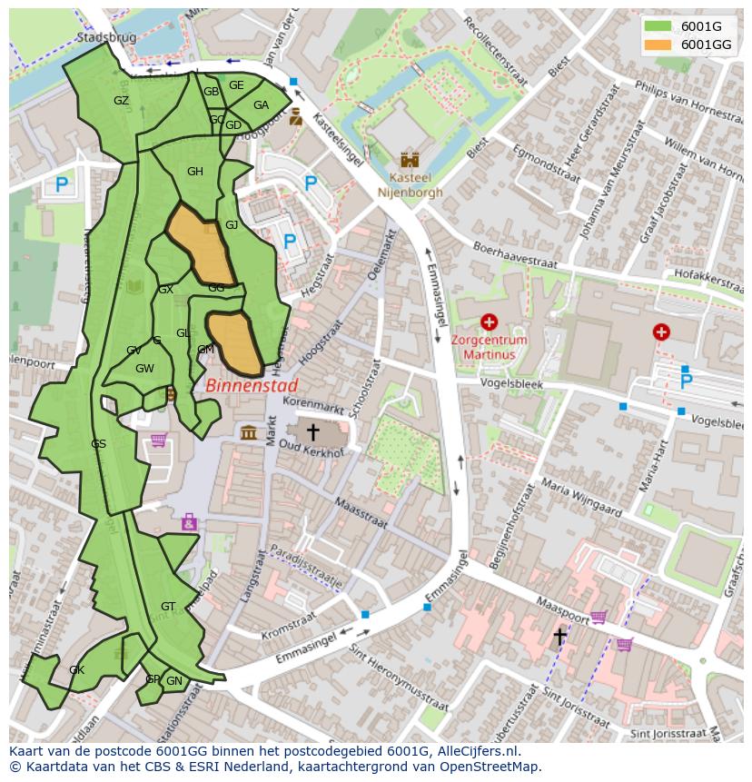 Afbeelding van het postcodegebied 6001 GG op de kaart.