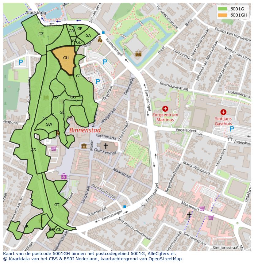 Afbeelding van het postcodegebied 6001 GH op de kaart.