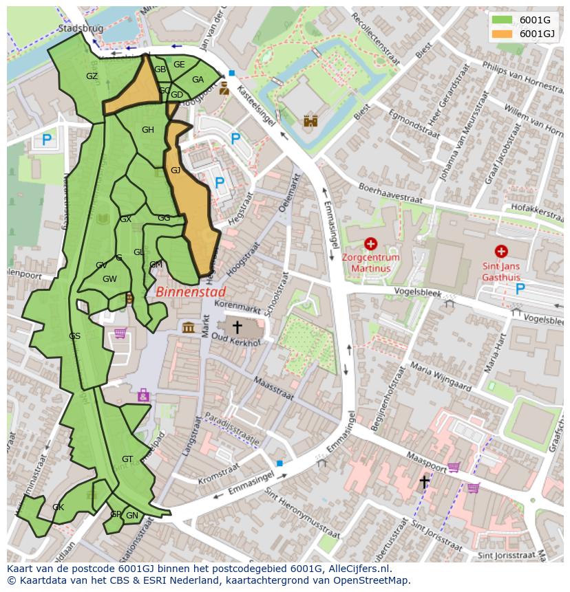 Afbeelding van het postcodegebied 6001 GJ op de kaart.