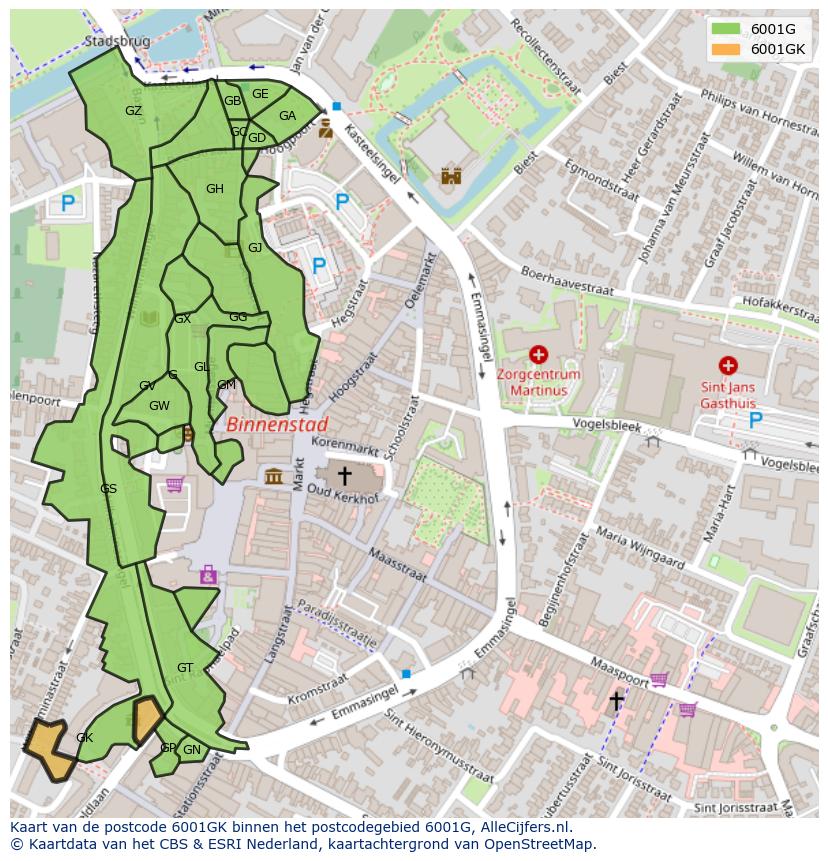 Afbeelding van het postcodegebied 6001 GK op de kaart.