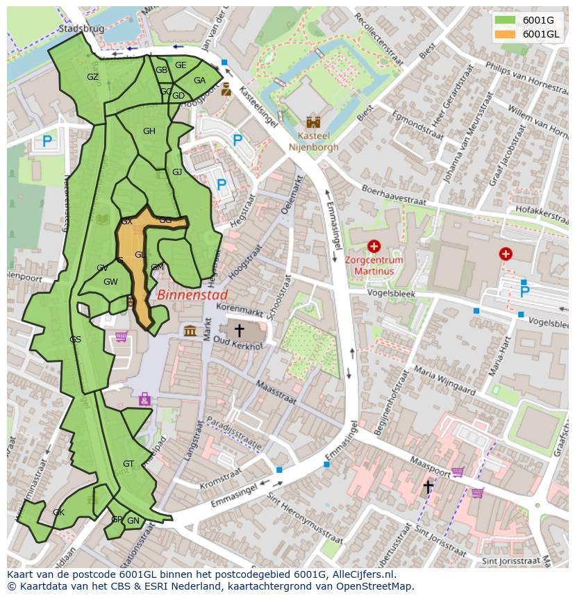 Afbeelding van het postcodegebied 6001 GL op de kaart.