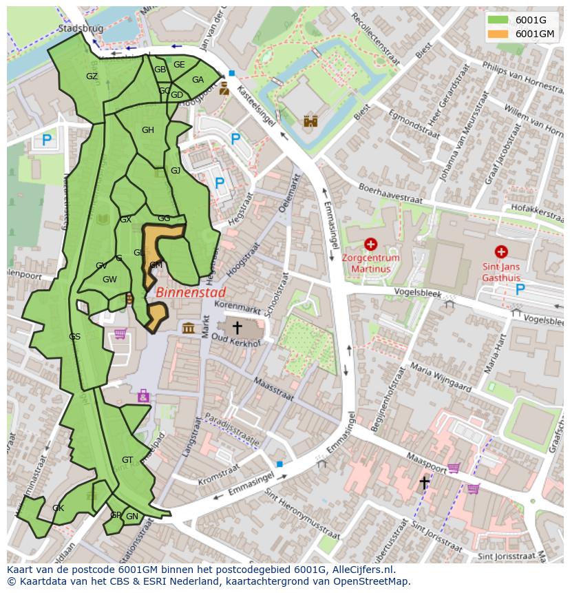Afbeelding van het postcodegebied 6001 GM op de kaart.