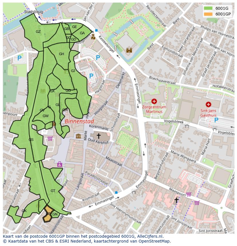Afbeelding van het postcodegebied 6001 GP op de kaart.