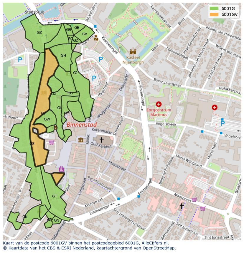 Afbeelding van het postcodegebied 6001 GV op de kaart.