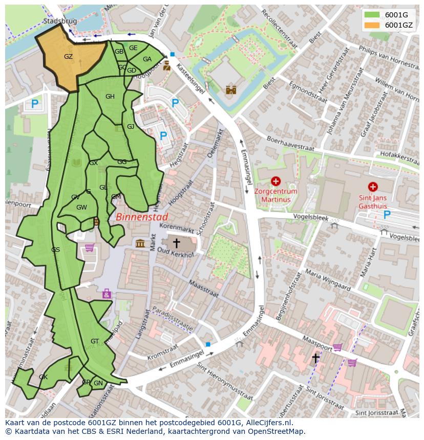 Afbeelding van het postcodegebied 6001 GZ op de kaart.