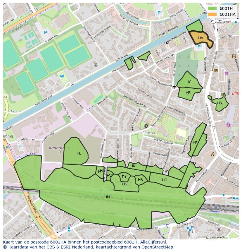 Afbeelding van het postcodegebied 6001 HA op de kaart.