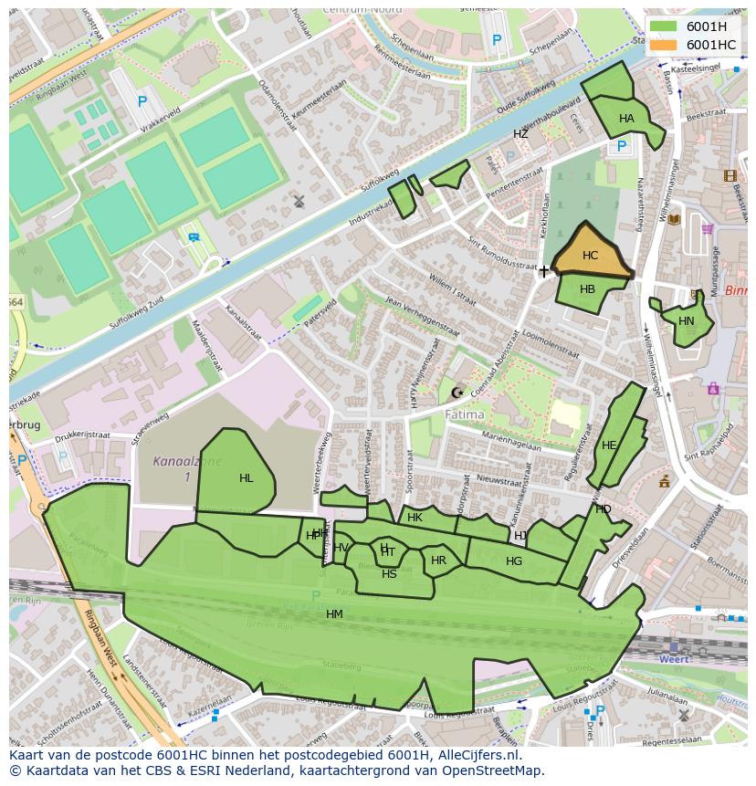 Afbeelding van het postcodegebied 6001 HC op de kaart.