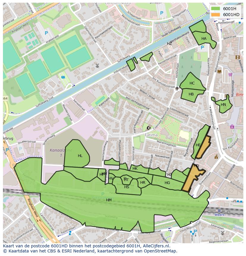 Afbeelding van het postcodegebied 6001 HD op de kaart.