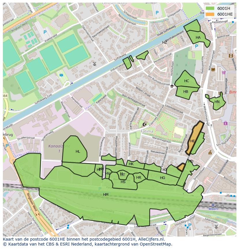 Afbeelding van het postcodegebied 6001 HE op de kaart.