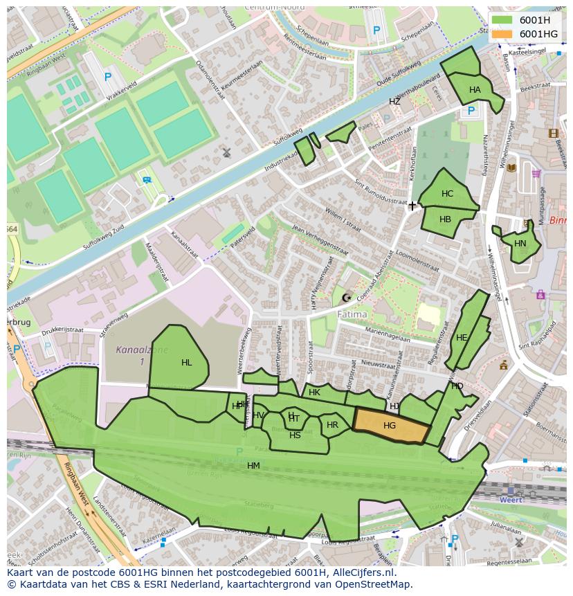 Afbeelding van het postcodegebied 6001 HG op de kaart.