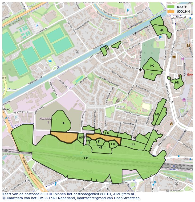 Afbeelding van het postcodegebied 6001 HH op de kaart.