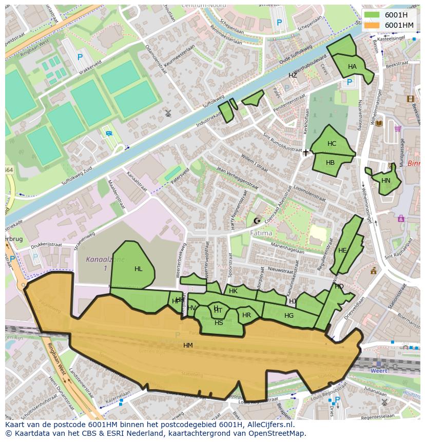Afbeelding van het postcodegebied 6001 HM op de kaart.