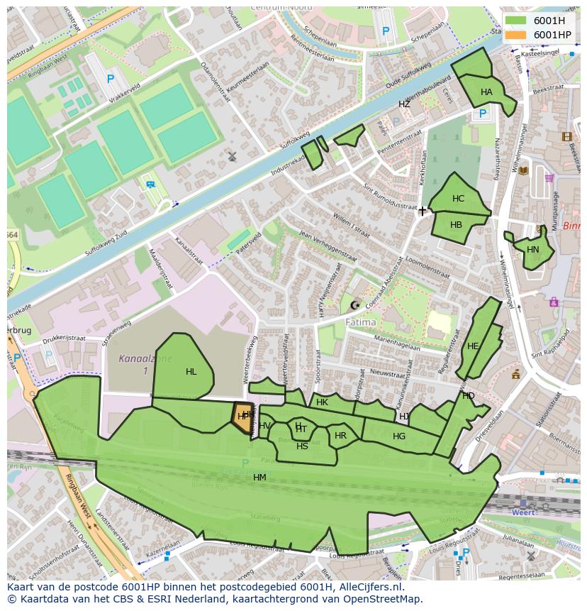 Afbeelding van het postcodegebied 6001 HP op de kaart.