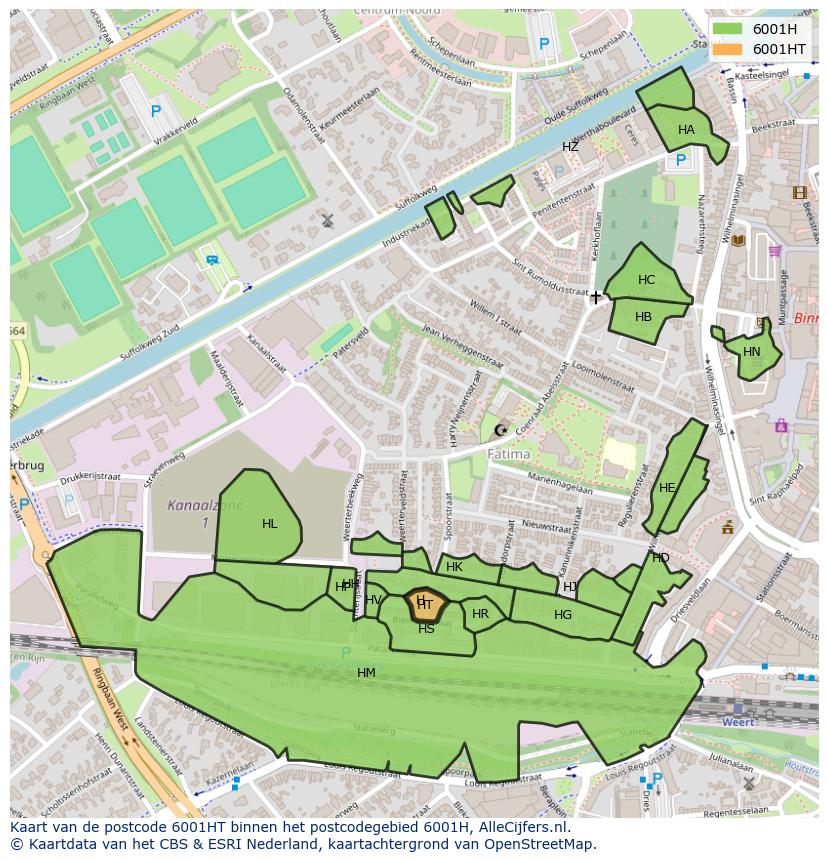 Afbeelding van het postcodegebied 6001 HT op de kaart.