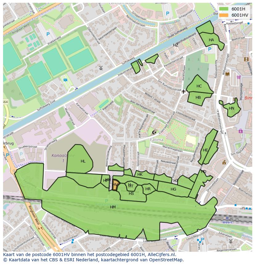 Afbeelding van het postcodegebied 6001 HV op de kaart.