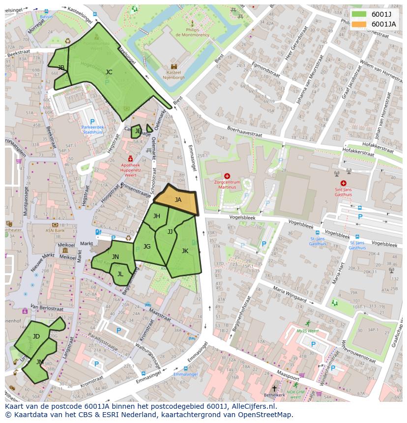 Afbeelding van het postcodegebied 6001 JA op de kaart.
