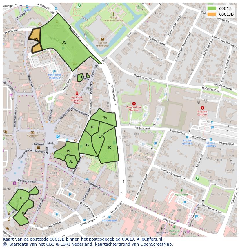 Afbeelding van het postcodegebied 6001 JB op de kaart.