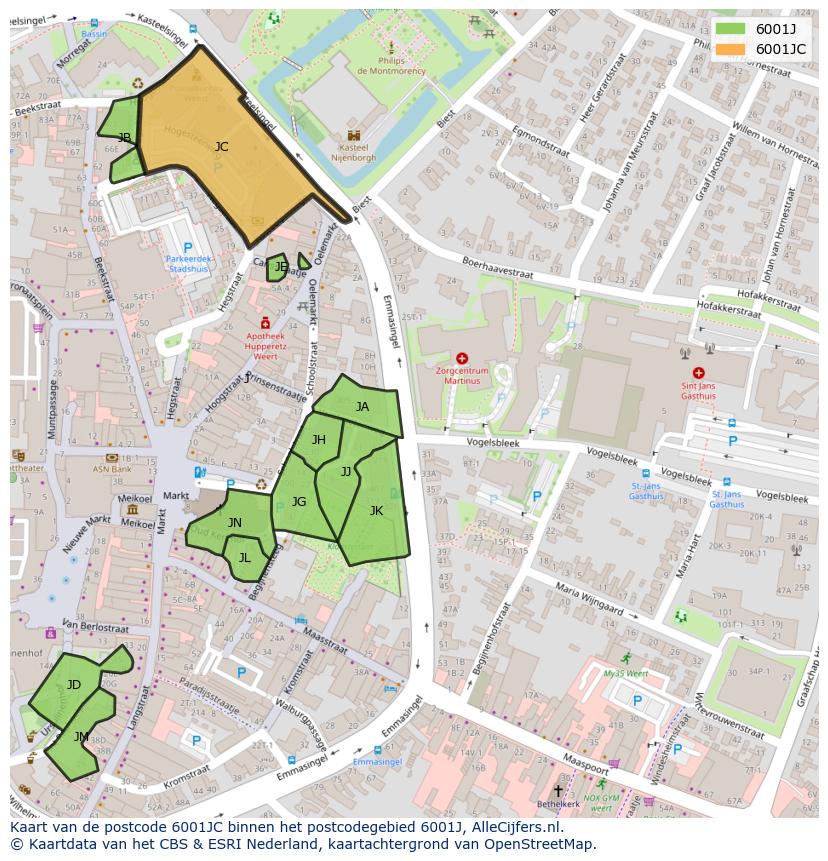 Afbeelding van het postcodegebied 6001 JC op de kaart.