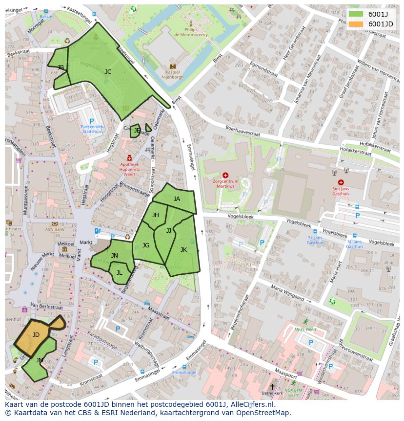 Afbeelding van het postcodegebied 6001 JD op de kaart.