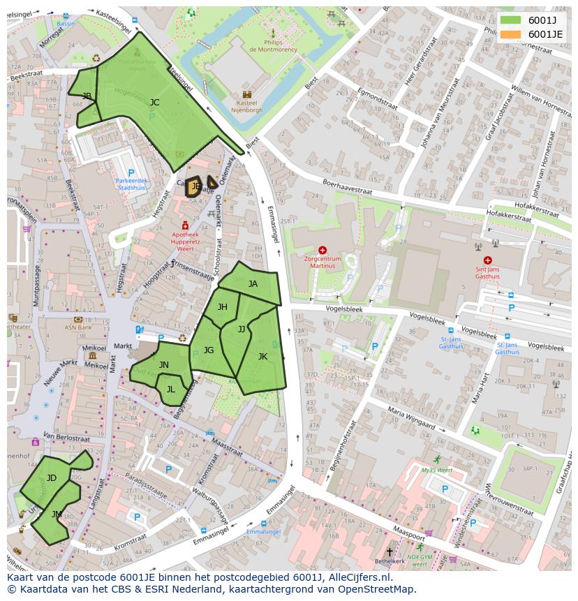 Afbeelding van het postcodegebied 6001 JE op de kaart.