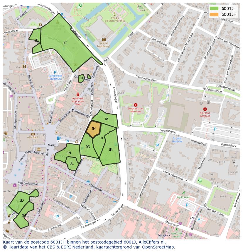 Afbeelding van het postcodegebied 6001 JH op de kaart.