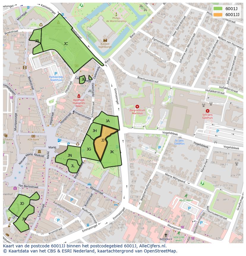 Afbeelding van het postcodegebied 6001 JJ op de kaart.