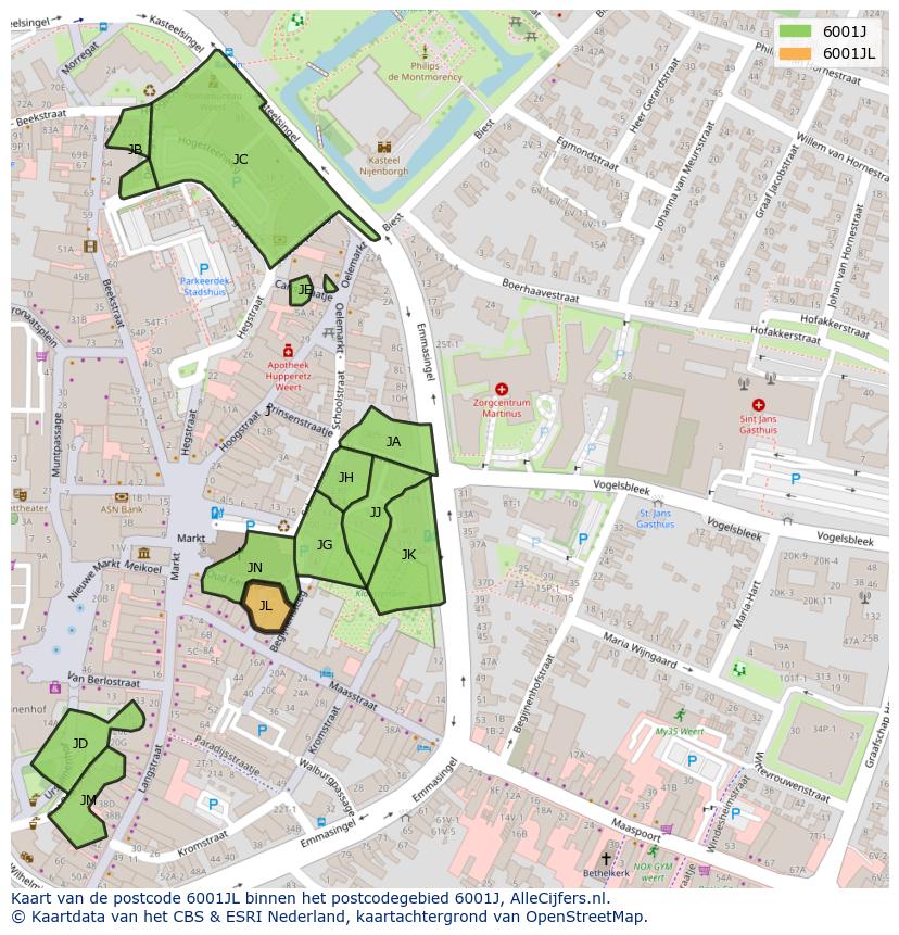 Afbeelding van het postcodegebied 6001 JL op de kaart.