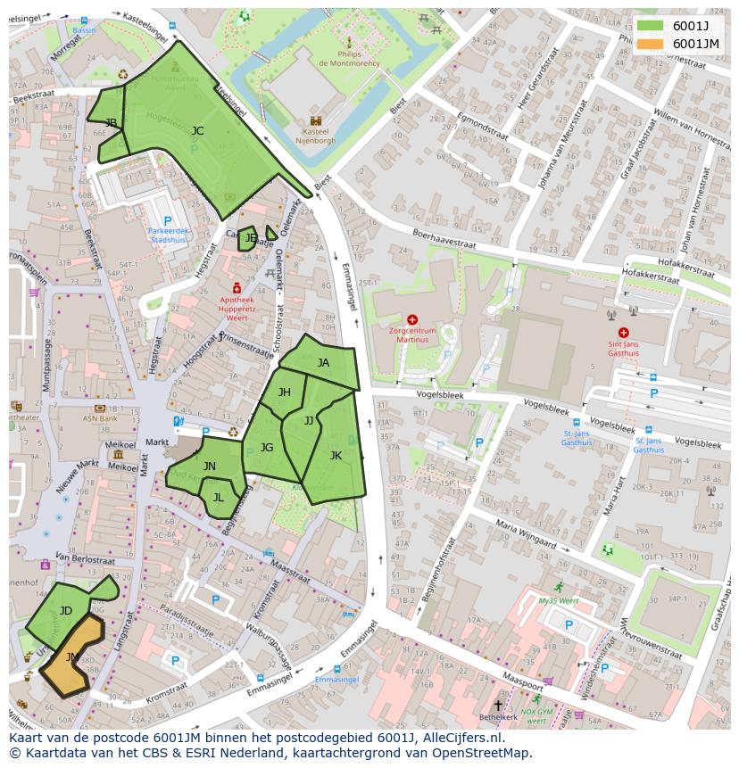 Afbeelding van het postcodegebied 6001 JM op de kaart.