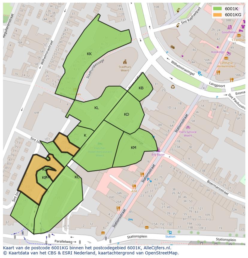 Afbeelding van het postcodegebied 6001 KG op de kaart.