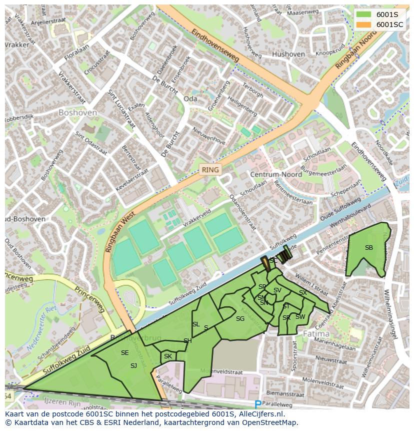 Afbeelding van het postcodegebied 6001 SC op de kaart.