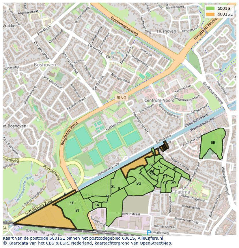 Afbeelding van het postcodegebied 6001 SE op de kaart.
