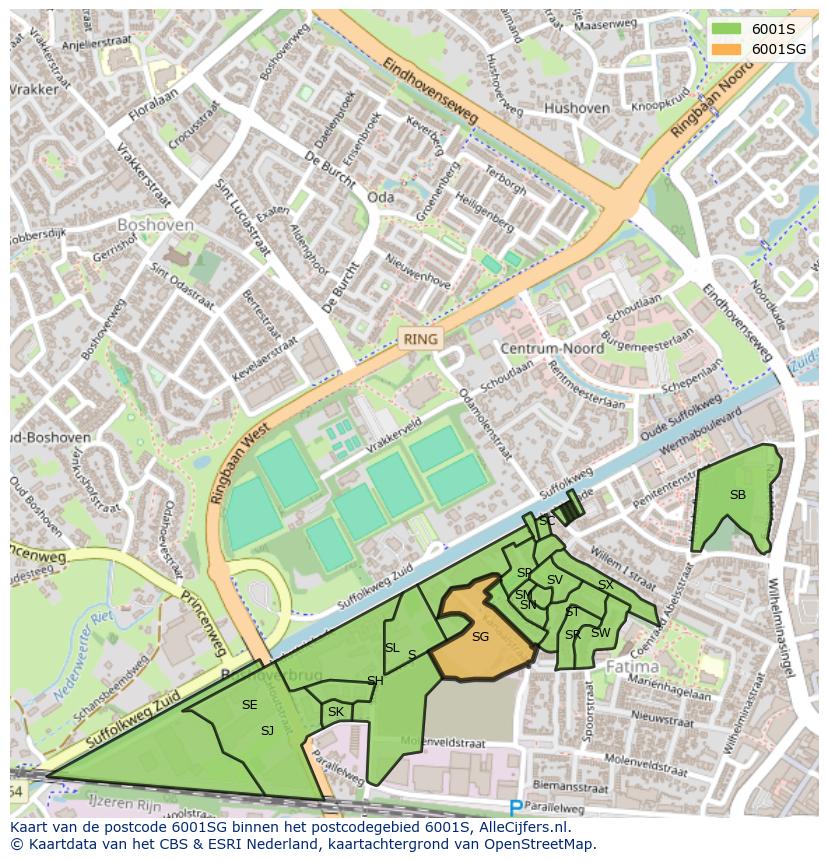 Afbeelding van het postcodegebied 6001 SG op de kaart.