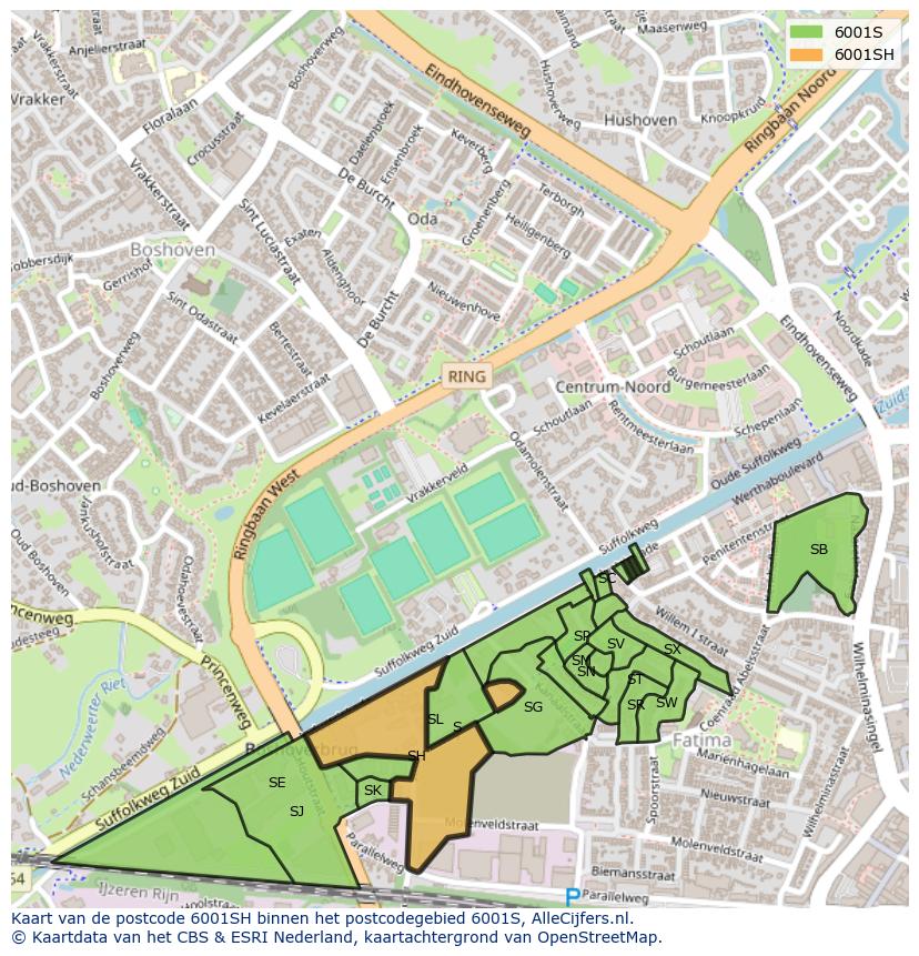 Afbeelding van het postcodegebied 6001 SH op de kaart.