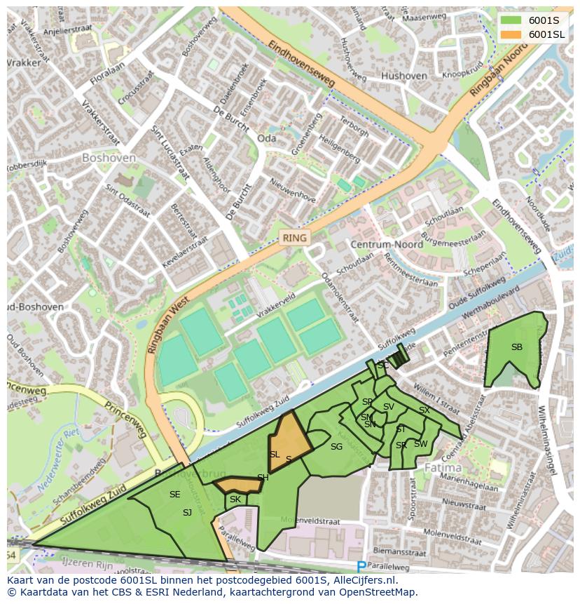 Afbeelding van het postcodegebied 6001 SL op de kaart.