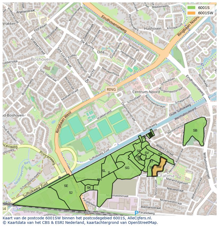 Afbeelding van het postcodegebied 6001 SW op de kaart.
