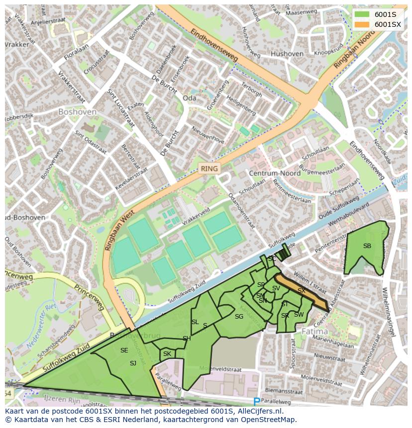 Afbeelding van het postcodegebied 6001 SX op de kaart.