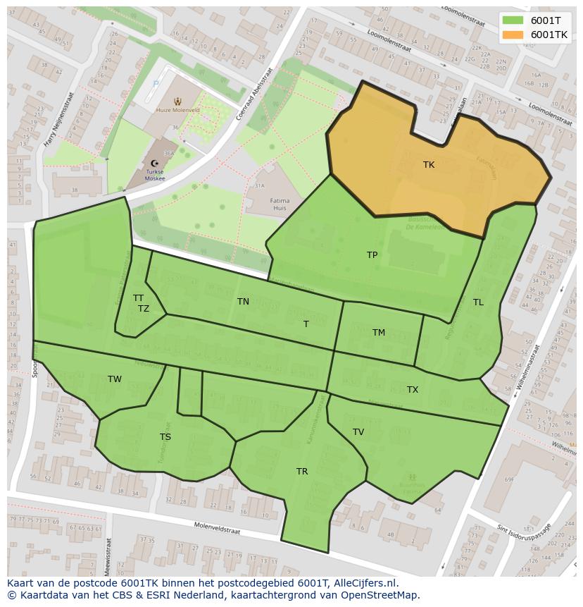 Afbeelding van het postcodegebied 6001 TK op de kaart.