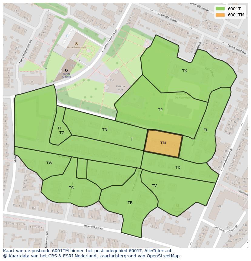 Afbeelding van het postcodegebied 6001 TM op de kaart.