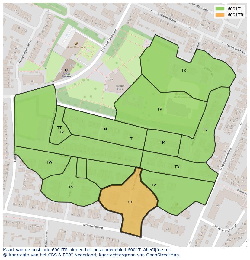 Afbeelding van het postcodegebied 6001 TR op de kaart.