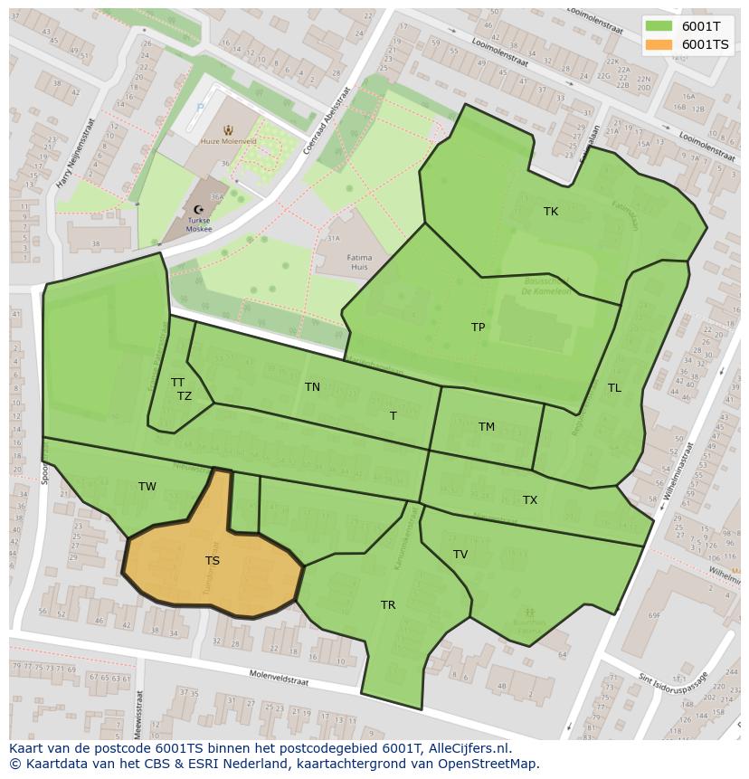 Afbeelding van het postcodegebied 6001 TS op de kaart.
