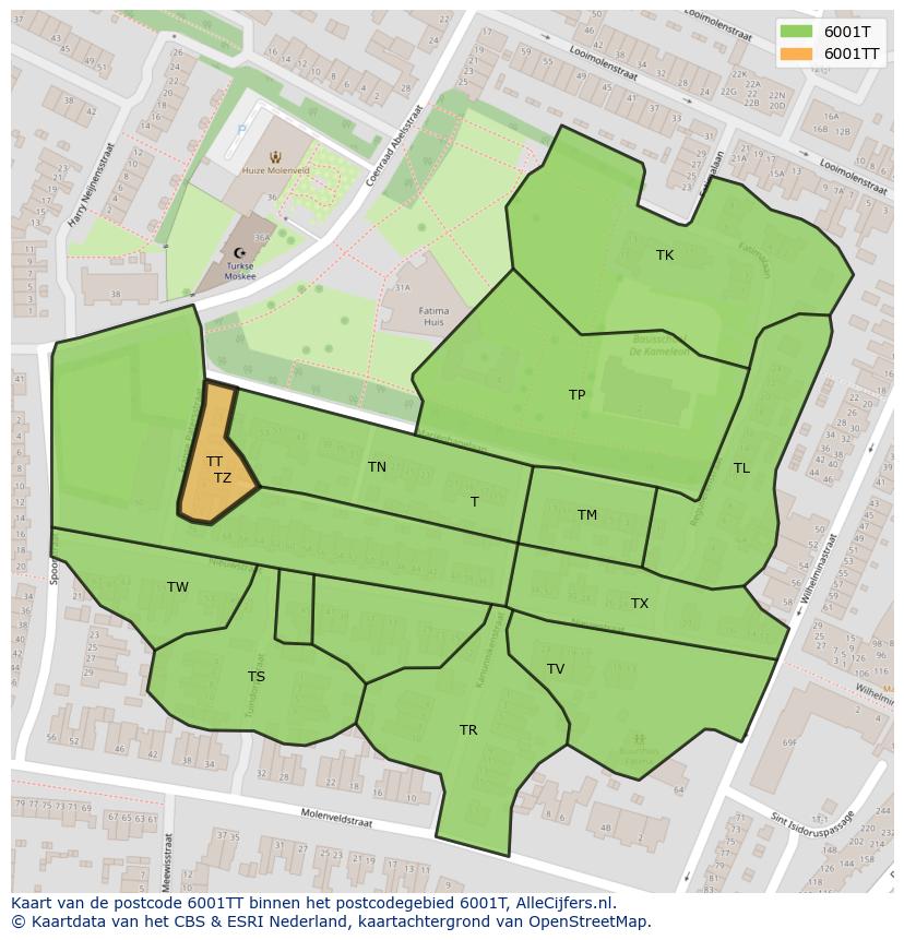 Afbeelding van het postcodegebied 6001 TT op de kaart.