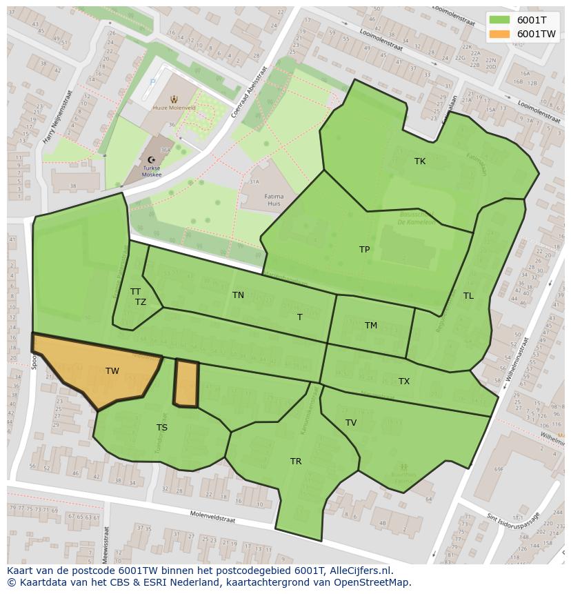 Afbeelding van het postcodegebied 6001 TW op de kaart.